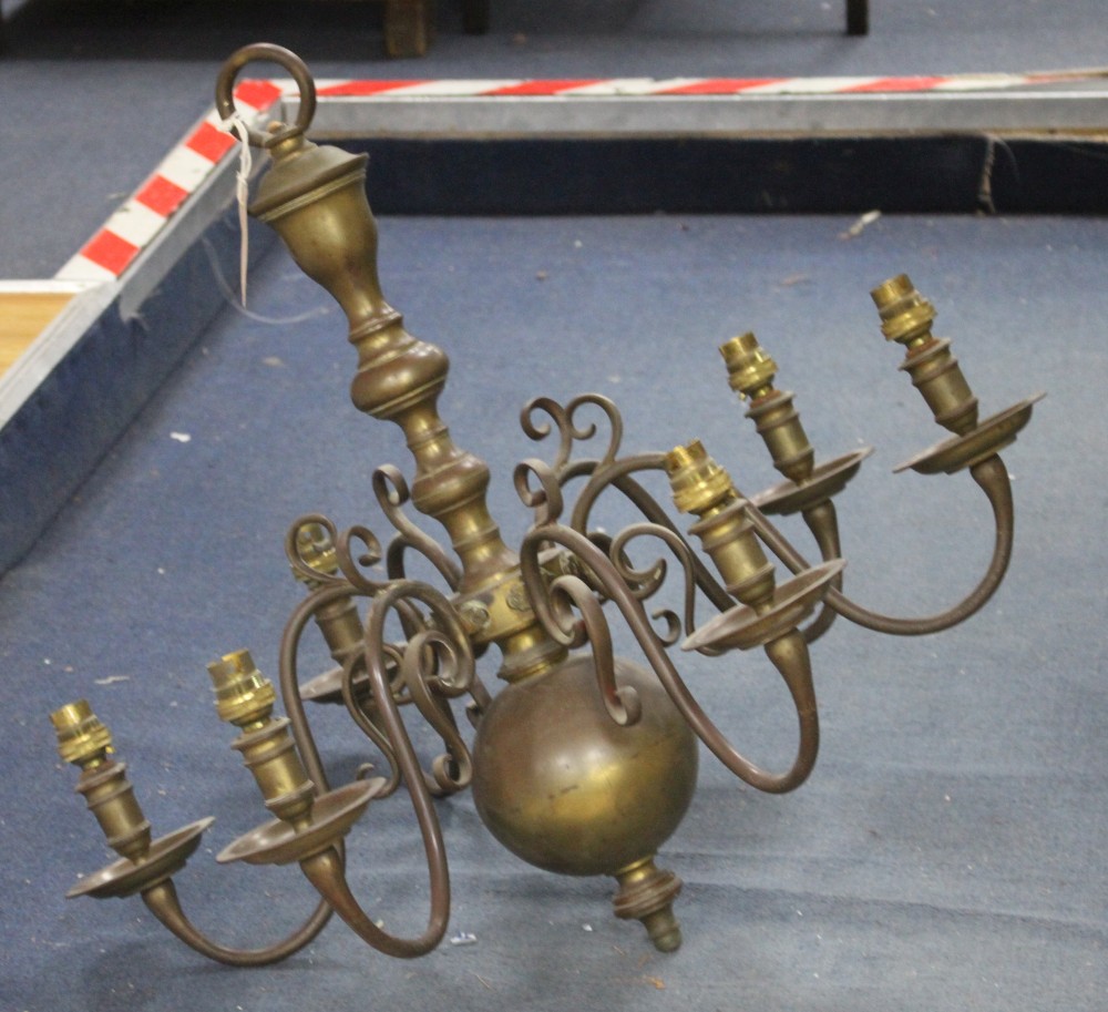 A 17th century style Dutch design brass six branch chandelier, drop 58cm, diameter 62cm